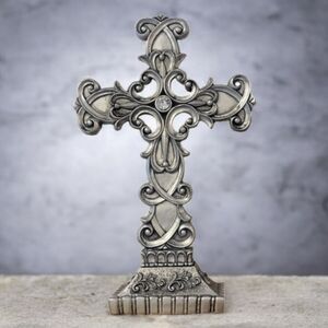 All For Giving Ornate Antiqued Silvertone Resin Decorative Cross. Scroll.